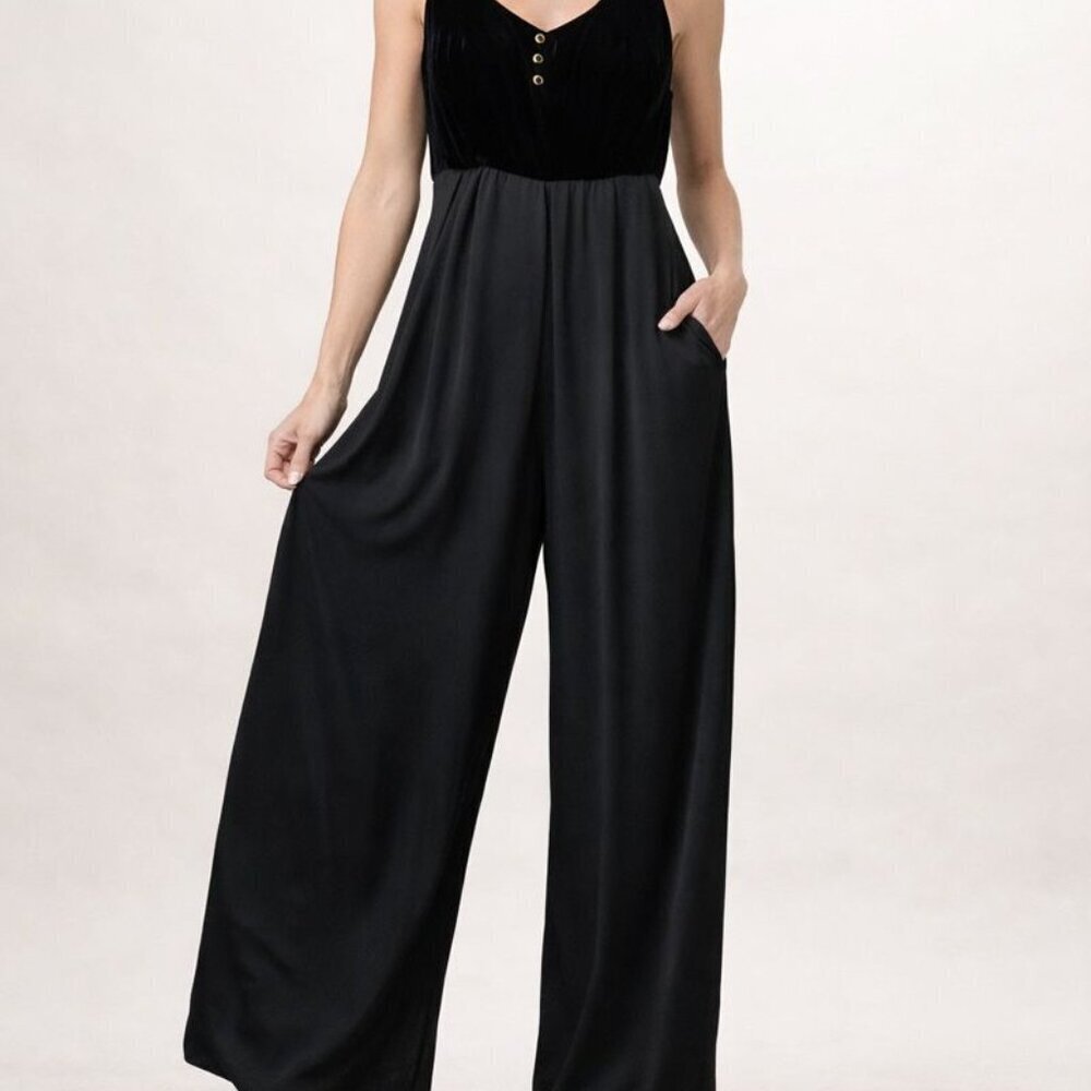 Vintage Y2K Jeffrey & Dara Black Velvet Bodice Wide Leg Jumpsuit Medium M